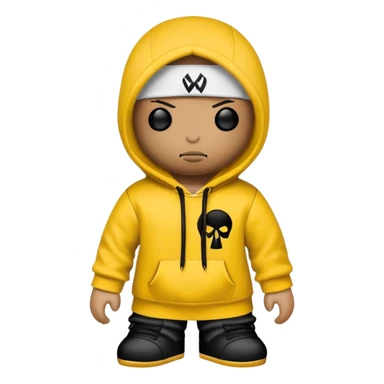 voodoo doll wearing wu-tang clan yellow and black hoodie with W logo sticker