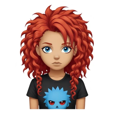 punk-girl with long curly red hair and blue eyes, in a black punk t-shirt sticker