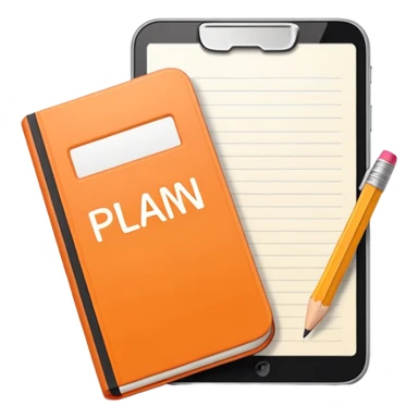Emoji of a notebook with a pencil and the word “PLAN” written on the cover, iPhone emoji style. Flat design, smooth gradients, rounded edges, soft shadows, clean look, white background. sticker