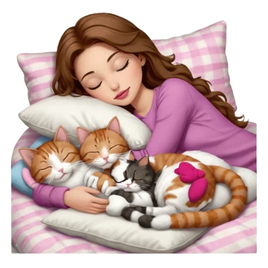 girl with long wavy brown hair, brown eyes, long lashes makeup, sexy pink lips, light to medium complexion,  sleeping on a cozy pillow, with 6 cats: 1 brown and white tabby cat, 1 ginger and white, 2 grey and white, 1 grey with white mittens and small white patch on chest and 1 calico, sleeping sticker