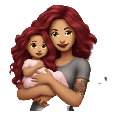 Beautiful tattooed burgundy long haired woman holding a baby sticker