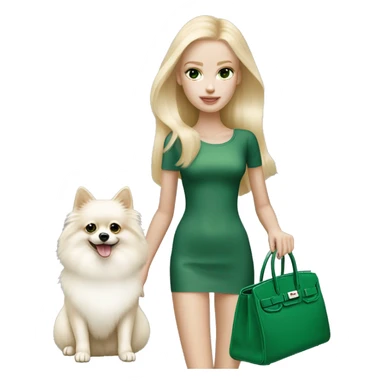 Blonde skinny girl with green eyes and pale skin with white pomeranian and Hermes birkin bag sticker