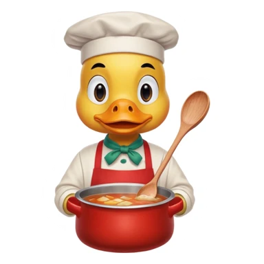 A duck wearing red apron stirring soup in a small pot, looking very focused. sticker