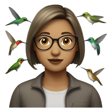 Girl pale , brunette, with short hair, wearing glasses with a hummingbird next to her sticker
