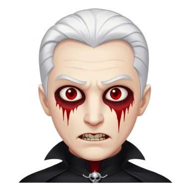 Creat a young man Vampire with white skin and white hair "make him have slide back hair" and full black vampire clothes and bloody eyes and long fangs and scary dead sleepy eyes and silver logo on his neck sticker