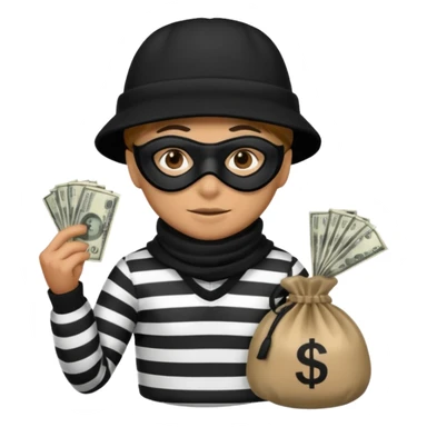 A emoji of a person wearing a black and white robber outfit and a black winter hat and a black mask and a Money Bag sticker