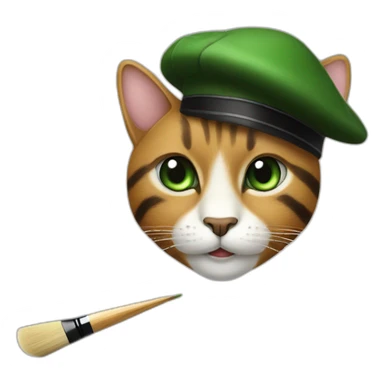 Brown cat with black stripes and white mustache and the contour of the white mouth and green eyes with a brush pencil and a black beret sticker
