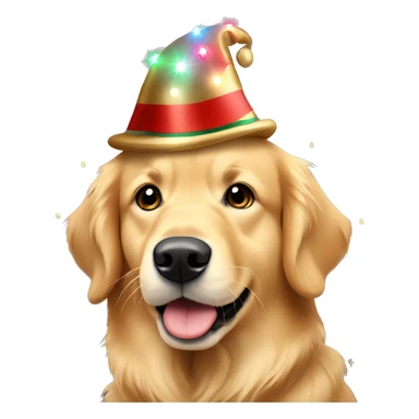Golden retriever with Christmas lights and hat sticker