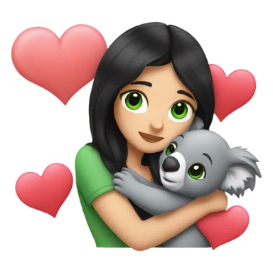 black hair with green eyes women holding and hugging a koala with hearts around them  sticker