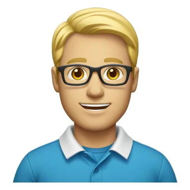 male teacher with blond hair, glasses and a blue polo shirt sticker