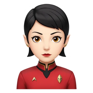 female Vulcan with short black hair and small pointy ears in Starfleet red uniform (Star Trek) no green face sticker
