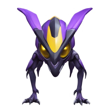 a shiny black-purple-yellow Genesect-Raptor-Fakémon—hybrid with a futuristic visor-helmet full bod sticker