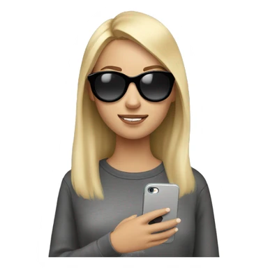 A girl with blonde hair, wearing round black sunglasses and a gray sweatshirt holds an iPhone in her hands sticker