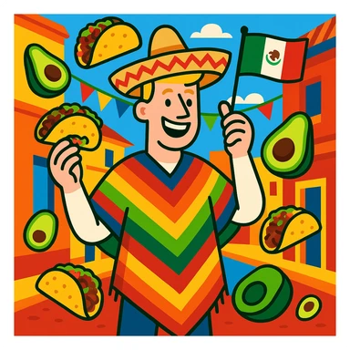 festive Cinco de Mayo cartoon of a tall white American with blonde hair, smiling, wearing a colorful poncho, holding a taco and an avocado, waving a Mexico flag, surrounded by tacos and avocados, on a lively street background, bright and bold colors sticker
