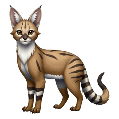 Realistic patterned marked edgy greyish blackish whitish silvery coppery Shiny Colorful Glossy Genet-Caracal-Lion-Bobcat-fusion-animal-hybrid-creature, full body, big-tufted-bat-ears, long-thin-tufted-white-tipped-tail sticker
