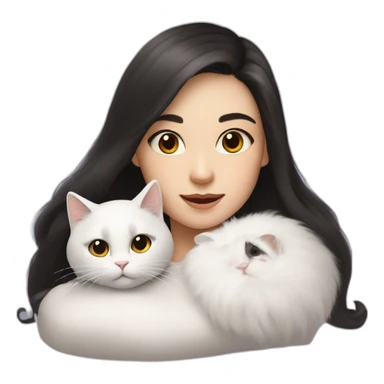 A girl with long dark hair and a white fluffy cat is lying on her left shoulder and neck sticker