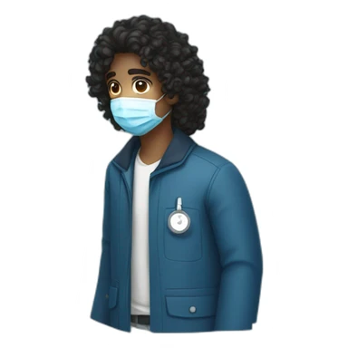 A dark young man with long curly hair, wearing a blue jacket and a medical mask sticker