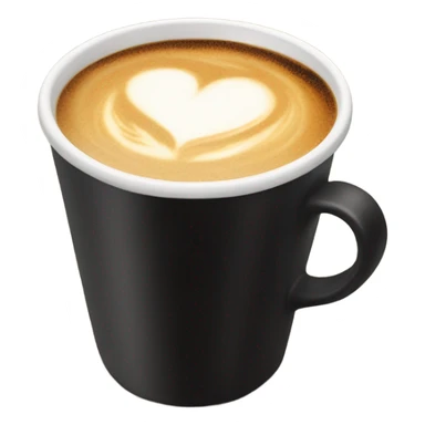 Coffee in a black cup with heart latte art sticker