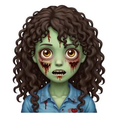 Emoji garota zombie com cabelo castanho escuro cacheado longo com franja cacheada sticker