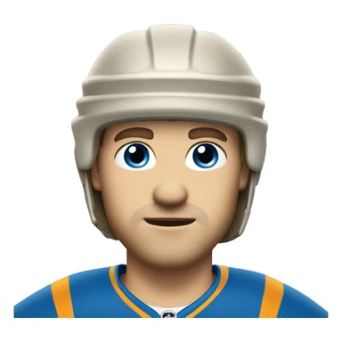 dark blond hair chin length man with long face, hair sticking up, blue eyes, wearing hockey helmet sticker
