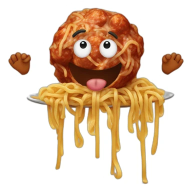 Spaghetti and meatballs with a face, arms and legs, doing something random sticker