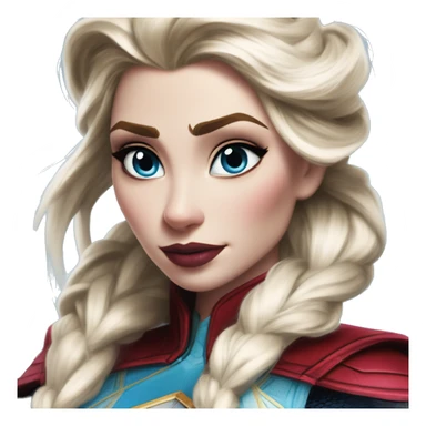 Warcraft award winning Elsa in Marvel Avengers style, oil paint, mysterious eyes, intricate lips, masterpiece pose, odd perspective, beautiful, desirable, logical sticker