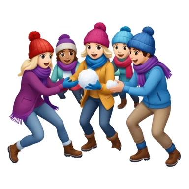 a group of friends having a snowball fight, winter hats and scarves, playful sticker
