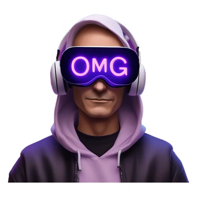 Putin wearing a black hoodie with "OMG" letters on it and VR headset oculus quest 2 in a cyberpunk VR environment with violet neon lighting. sticker