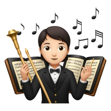 asian Create a sophisticated and elegant emoji that represents orchestration and arrangement. The design should feature a conductor’s baton, musical notes, and a symphonic score, symbolizing the process of arranging and orchestrating music. Incorporate instruments like a violin, trumpet, sticker