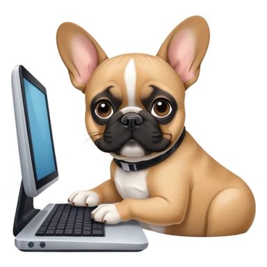 Fawn Frenchie with black muzzle working behind computer sticker