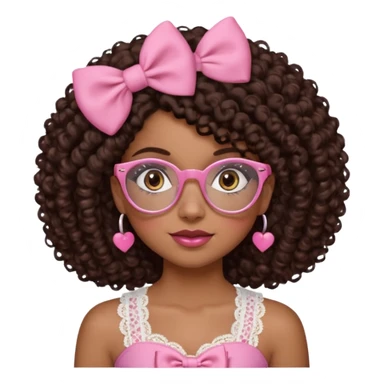 medium kinned afro-latina girl with medium length chocolate brown side part curly hair, small pink bow on the side, with brown glasses, brown eyes, noes piercing, pink and white sweekhart necklined top with lace, round wide-ish nose sticker