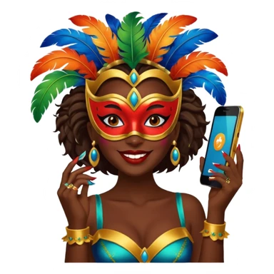i need the same girl in "dark skin girl, dark red lipstick, nails very beautiful" to be smiling in "carnival mas costume, blue, green and orange preferably, full costume feathers at the back" she is to be smiling and happy with a phone in her hand taking a pico  sticker