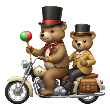 A bear wearing a top hat and holding maracas while on the back of an old lady who is driving a motorcycle sticker