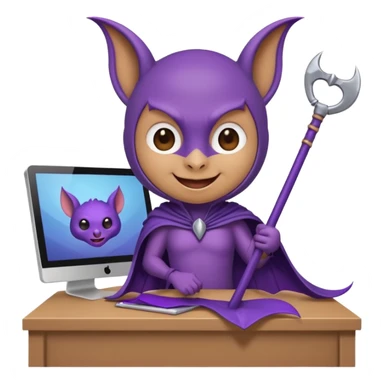 a happy purple bat holding a scythe while sitting in front of her computer sticker