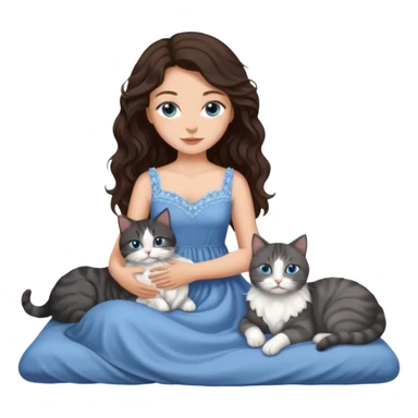 detailed realistic looking a dark grey and white cat regally laying with six other cats, cuddling with their owner in bed who is a pretty bratz lightly tanned white girl with long dark brown hair, blue eyes and gorgeous long wavy hair wearing a pretty detailed dress sticker