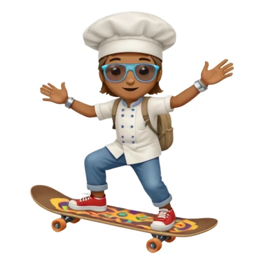 ["A happy boy with brown skin, straight hair, wearing a chef hat and sunglasses, dressed in hippie fashion, is skateboarding while holding a backpack."] sticker