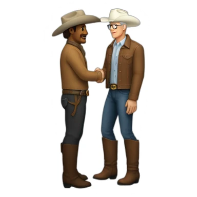 Tim Cook in turtle neck shaking hands with a white male cowboy sticker