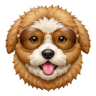 Create a small fur  circle mini golden doodle dog with brown eyes tan fur emoji  sticking its tongue out with sunglasses on sticker