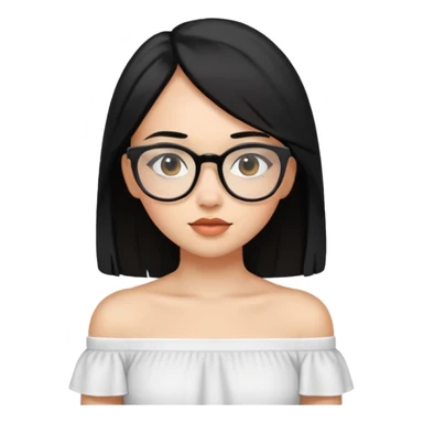 A light skinned girl with straight black hair on shoulder length wearing a white off shoulder and glasses sticker