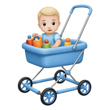 blue baby walker with toys on  it and baby is sittting sticker