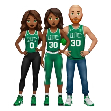 in love. one black woman and one white man: 48-year-old black woman with brown eyes, long dark brown balayage hair dressed in sexy 
celtics jersey costume outfit and stilettos with bald white man with ginger beard, and blue eyes, and a Jason Tatum Boston Celtics Jersey, jeans and Nike sneakers  sticker