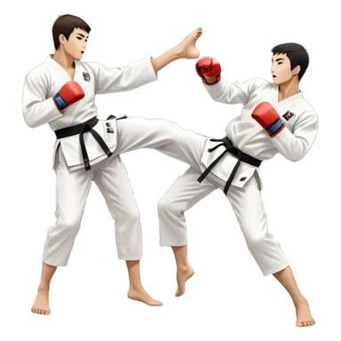 Two taekwondo fighters in traditional white doboks with black belts. One delivers a powerful kick, while the other defends by blocking with his knee. The background shows a professional arena with bright lights and an excited crowd. Transparent background highlights the intense action sticker