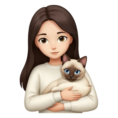 a girl with long dark brown hair, in a white sweater, hugs a Siamese cat sticker