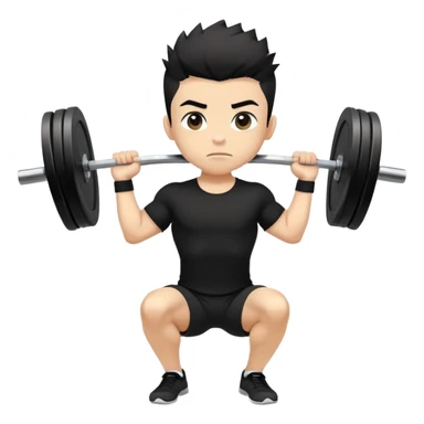 A boy with wheat color skin, black color front spike hair and wearing a black shirt is doing an overhead squat with a lot of weight on the barbell sticker