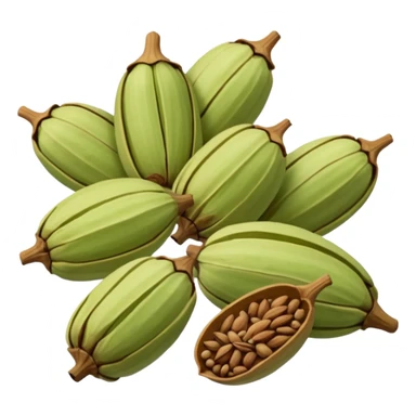 small scatter of whole cardamom pods, oval ridged shape, pale green to light brown hues, slightly wrinkled dry surface, visible seams and pointed ends, aromatic spice seeds inside, apple emoji style, soft lighting, subtle shadows, transparent background, emoji scale sticker
