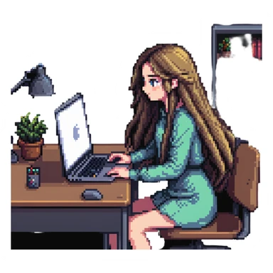 girl with long hair, only eyes visible above MacBook, working at a desk, pixel art style sticker