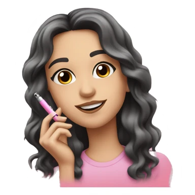 Caucasian girl with long wavy black hair and brown eyes smoking a pink vape pen with hearts on it sticker