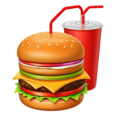 A clean and simple icon of fast food in emoji-style illustration. A burger with fries and a soda cup, bright and bold colors, simple shapes, flat design, high contrast, inviting and appetizing. sticker