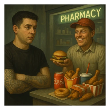 Create an editorial, semi-realistic style scene showing a man being sold processed, unhealthy food such as sodas, fried snacks, sugary pastries, and fast food by a smiling vendor. The man looks unaware or mildly curious. In the background, include a pharmacy or drugstore with a glowing sign clearly visible, symbolizing the consequences of this consumption. Use muted colors for the overall scene except for the bright food packaging and the glowing pharmacy sign, suggesting a cycle of consumption and medication. Maintain the original composition and details from the reference image. sticker