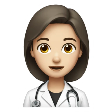 A girl with short brown hair and eyes, white skin, wearing a black scrub with a lab coat  sticker